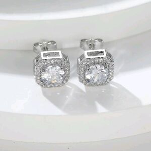 Elegant Silver Plated Cubic Zirconia Gemstone Square Minimalist Stud Earrings